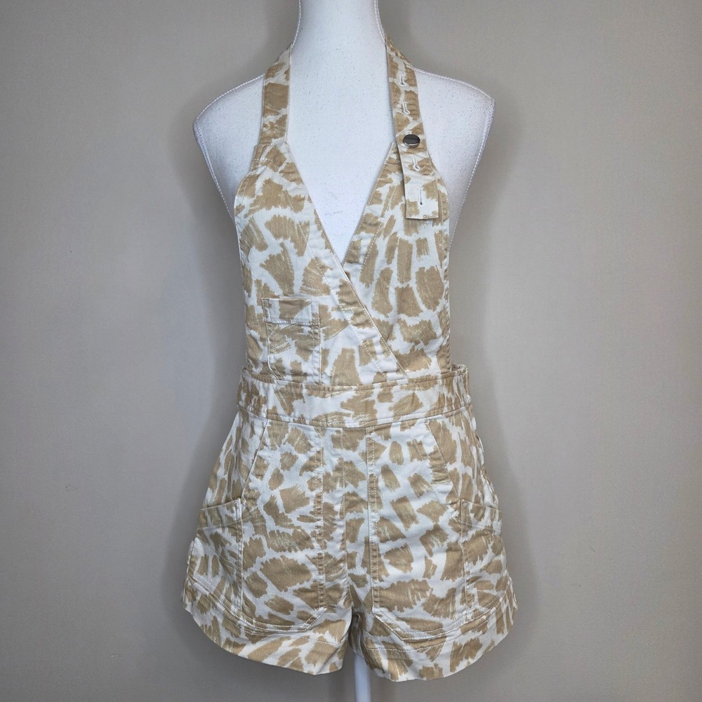 Maeve Anthropologie Animal Print Halter Neck Short‎ Overalls Tan White Size 6